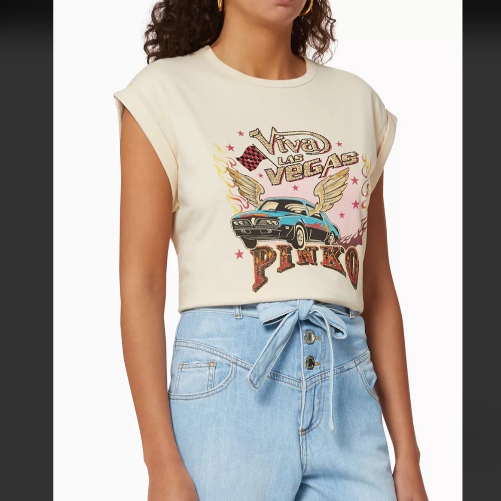 Pinko Beige Graphic Tee with Car Design